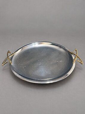 Vintage Kromex MCM Chrome Serving Tray Brass Tone Handles Original Sticker 15.5"